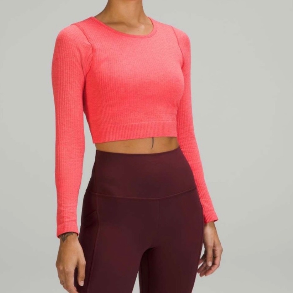 Lululemon Ebb to Street Long Sleeve Shirt Pale Raspberry Pink Ribbed Crop Size 6